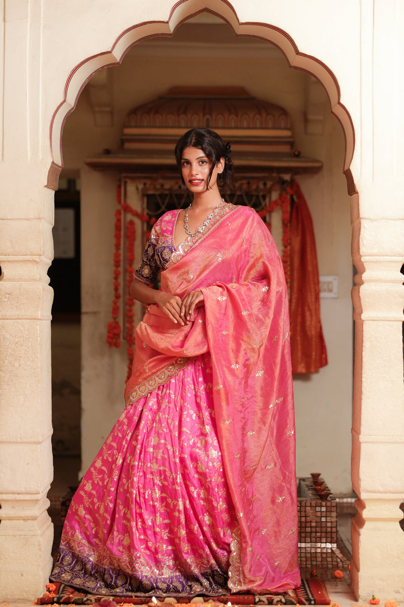 Pink and Purple Embroidered Banarasi Silk Lehenga