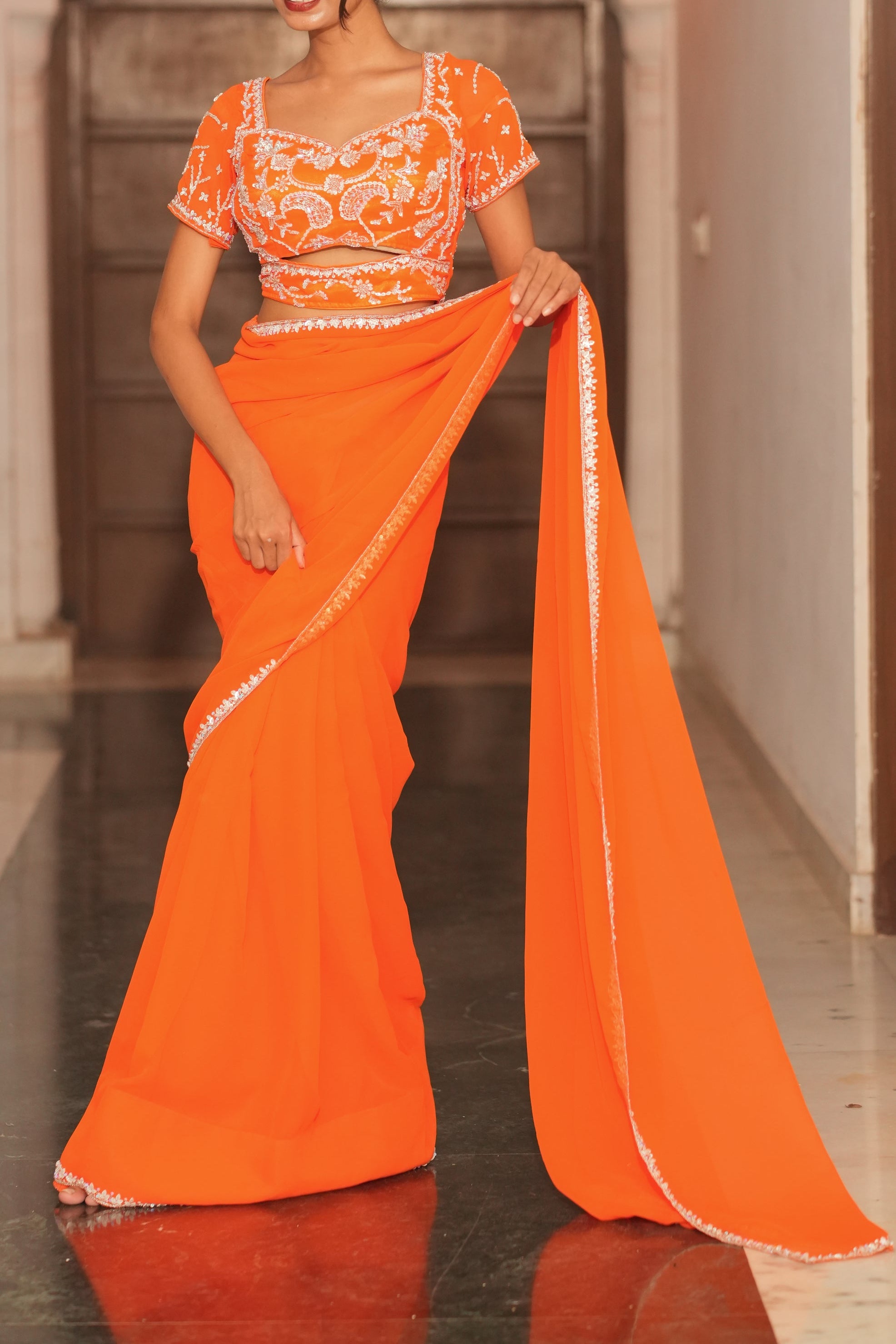 Orange Hand EmbroideryGeorgette Saree