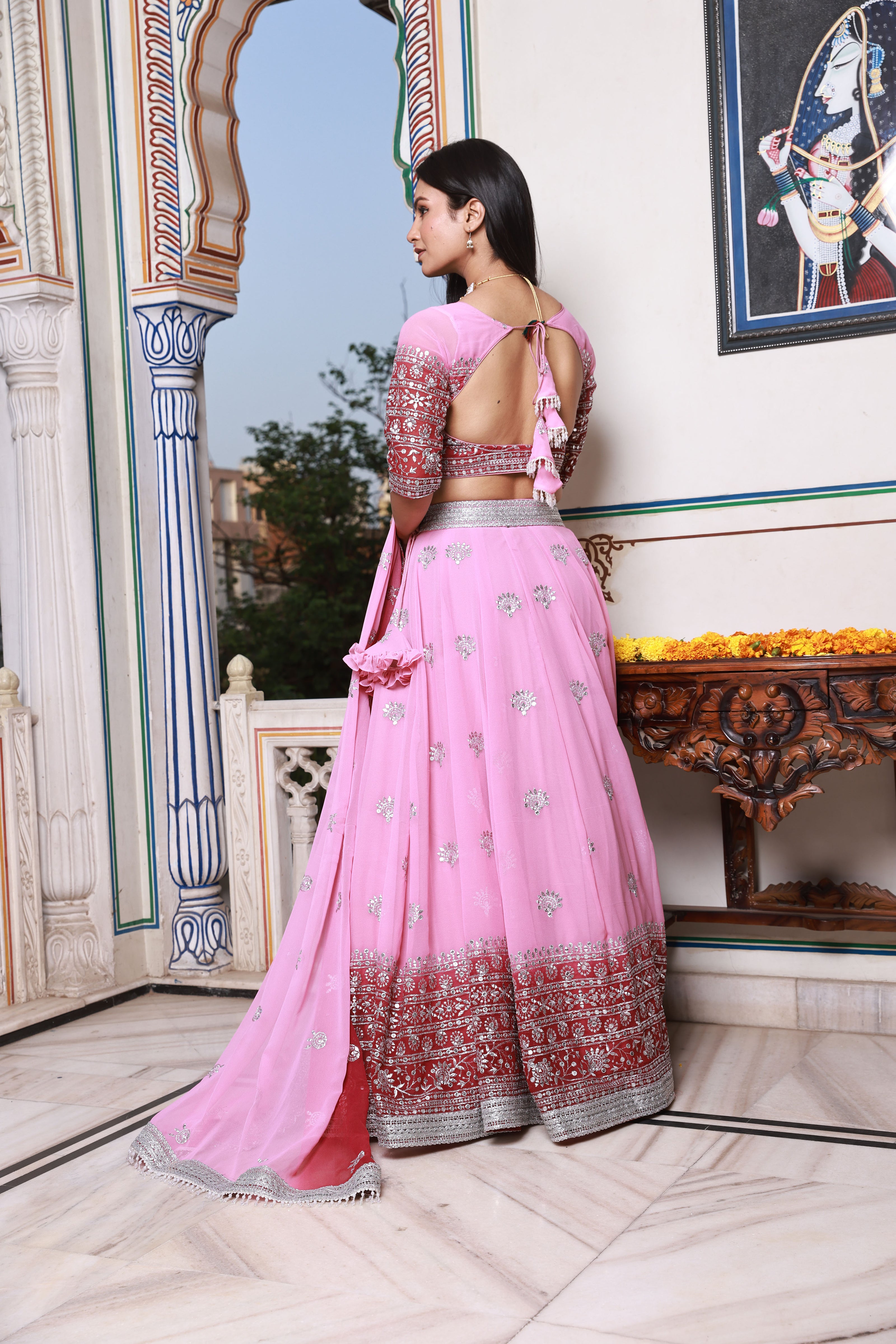 Pink and Red Embroidered Georgette Lehenga