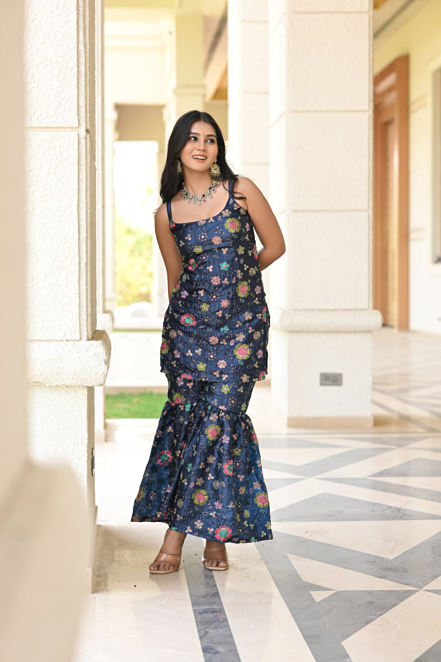 Navy Blue Multicolor Floral Embroidered Garara
