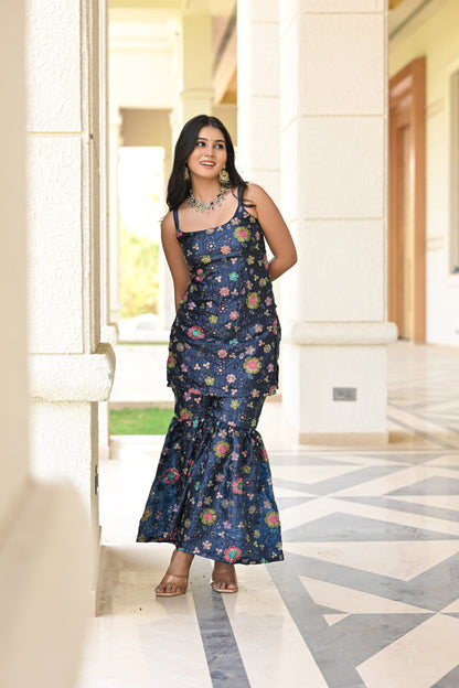 Navy Blue Multicolor Floral Embroidered Garara
