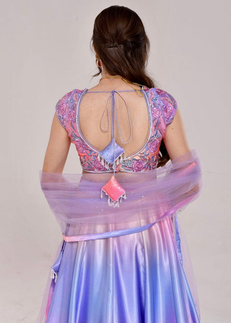 Multicolor Floral Hand-Embroidered Satin Silk Lehenga