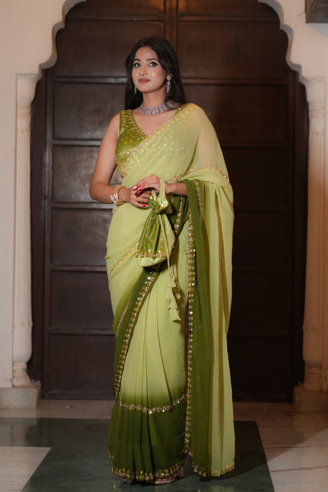 Light Green and Moss Green Hand Embroidered Georgette Saree