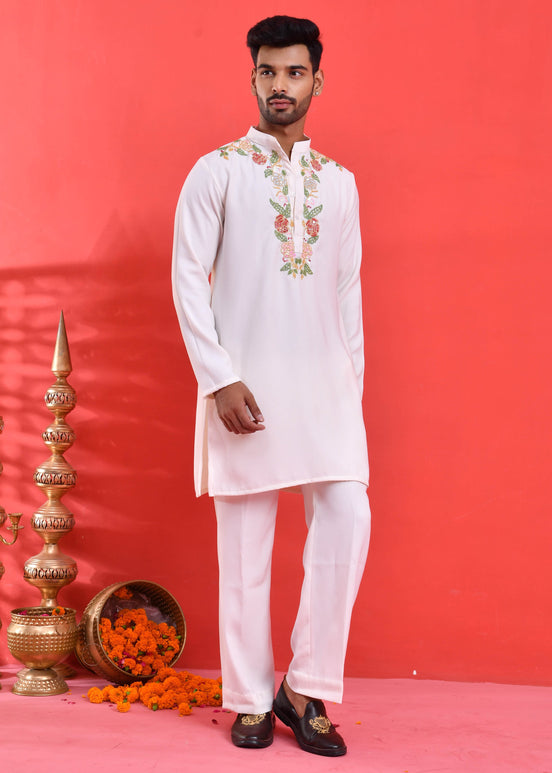 White Floral Hand-Embroidered Japanese Satin Kurta Set
