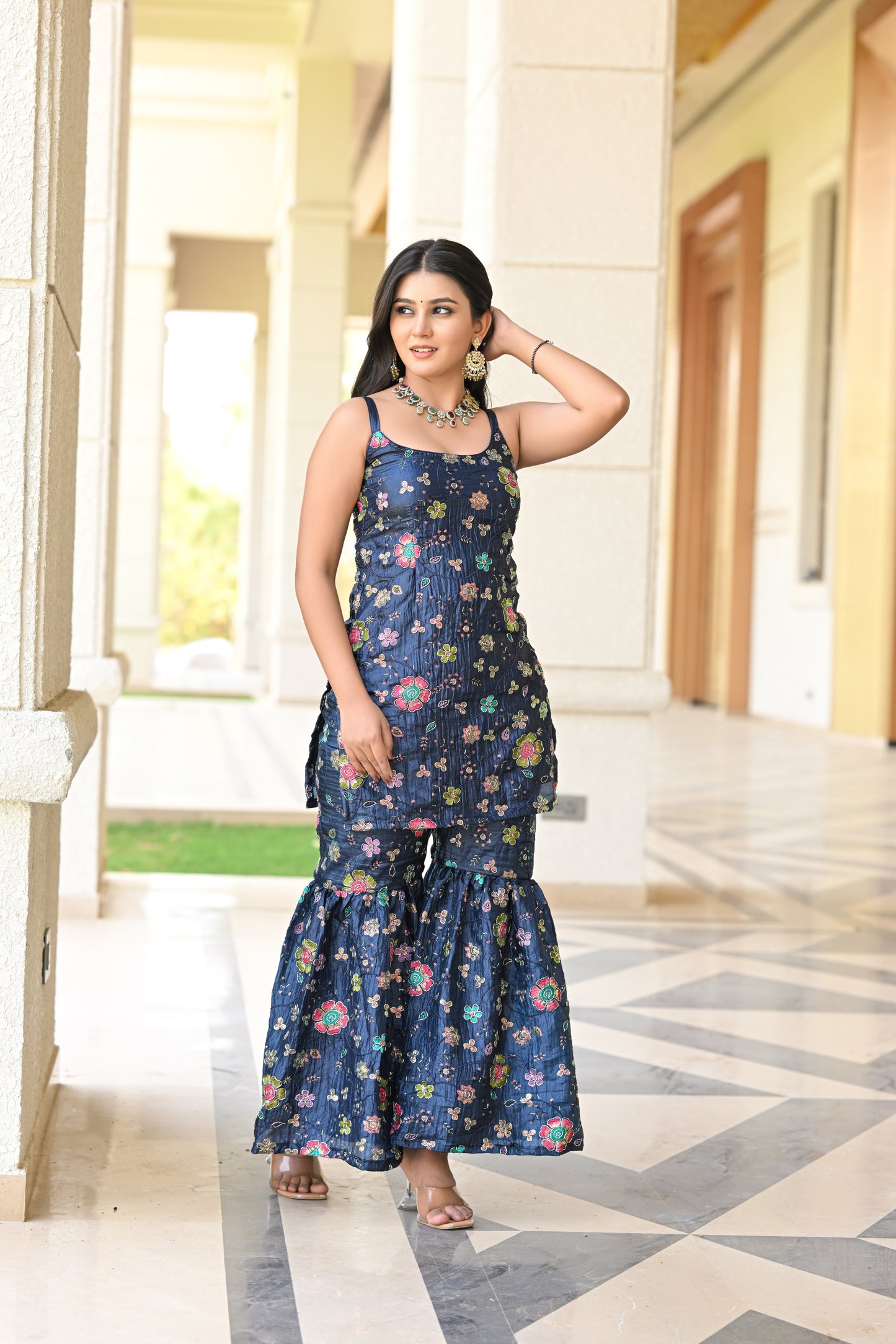 Navy Blue Multicolor Floral Embroidered Garara