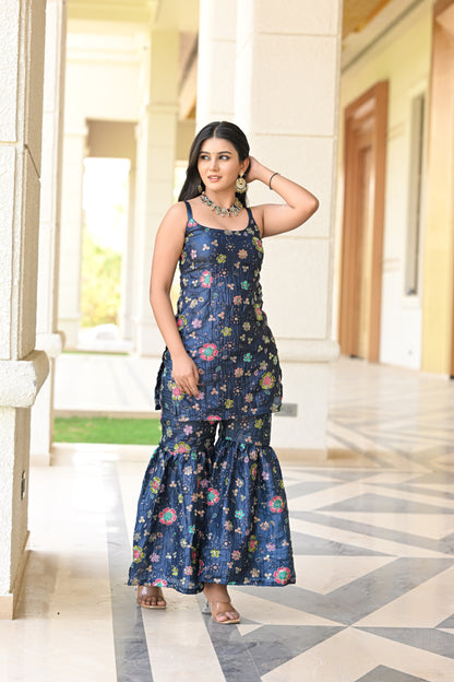 Navy Blue Multicolor Floral Embroidered Garara