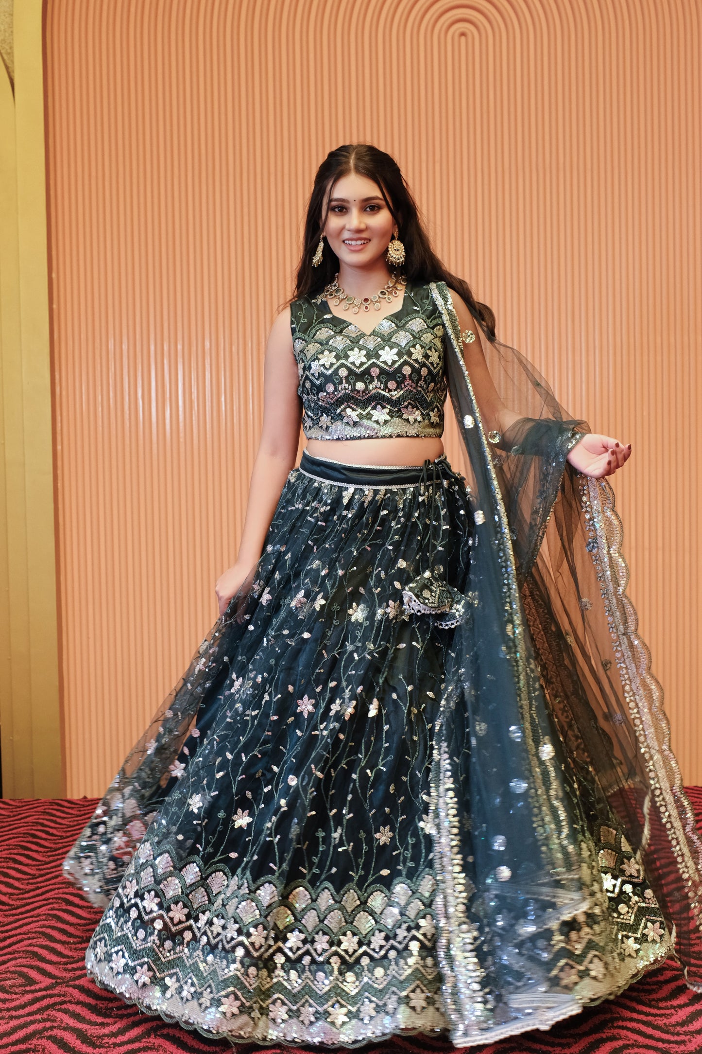 Dark Teal Sparkle Embroidered Net Lehenga