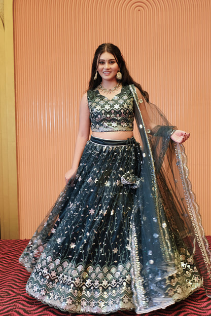 Dark Teal Sparkle Embroidered Net Lehenga