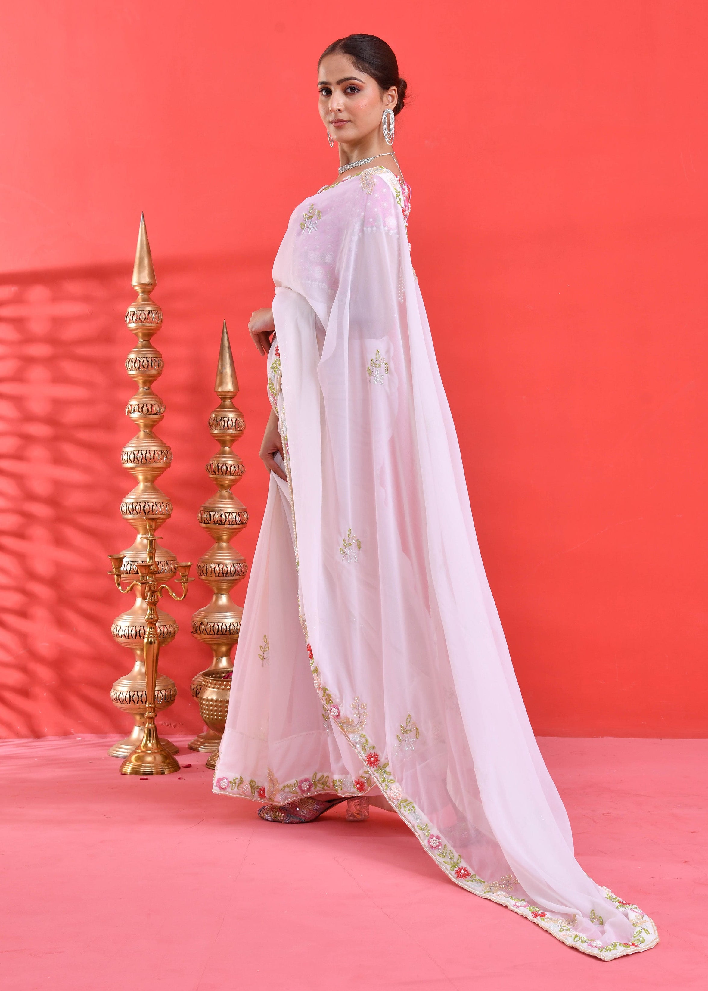 White Floral Hand-Embroidered Georgette Saree