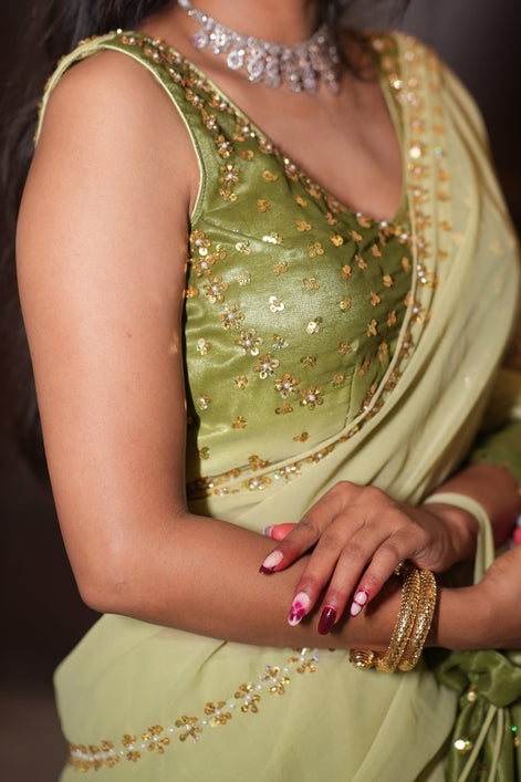 Light Green and Moss Green Hand Embroidered Georgette Saree