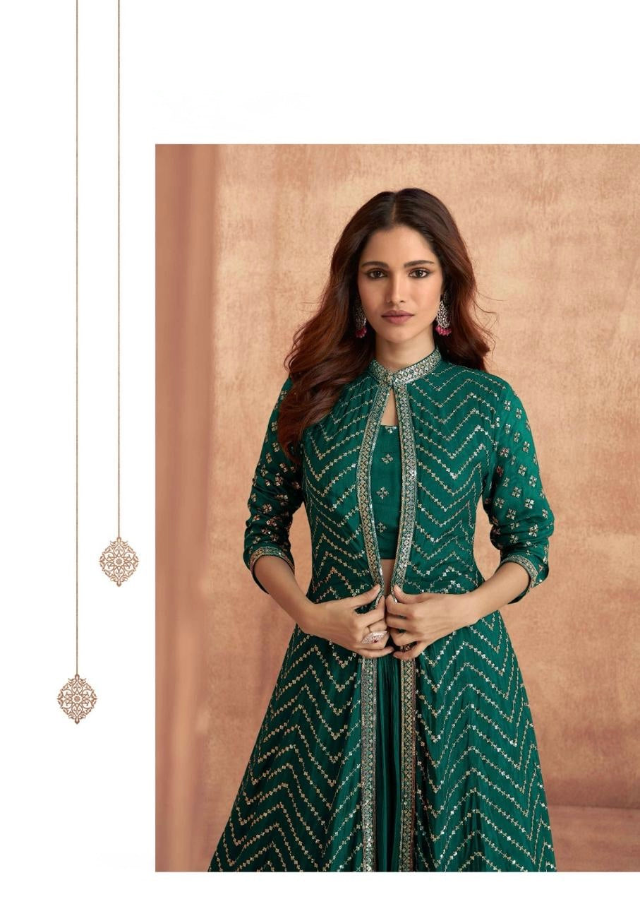 Enchanting Green Chinon Lehenga Choli Set