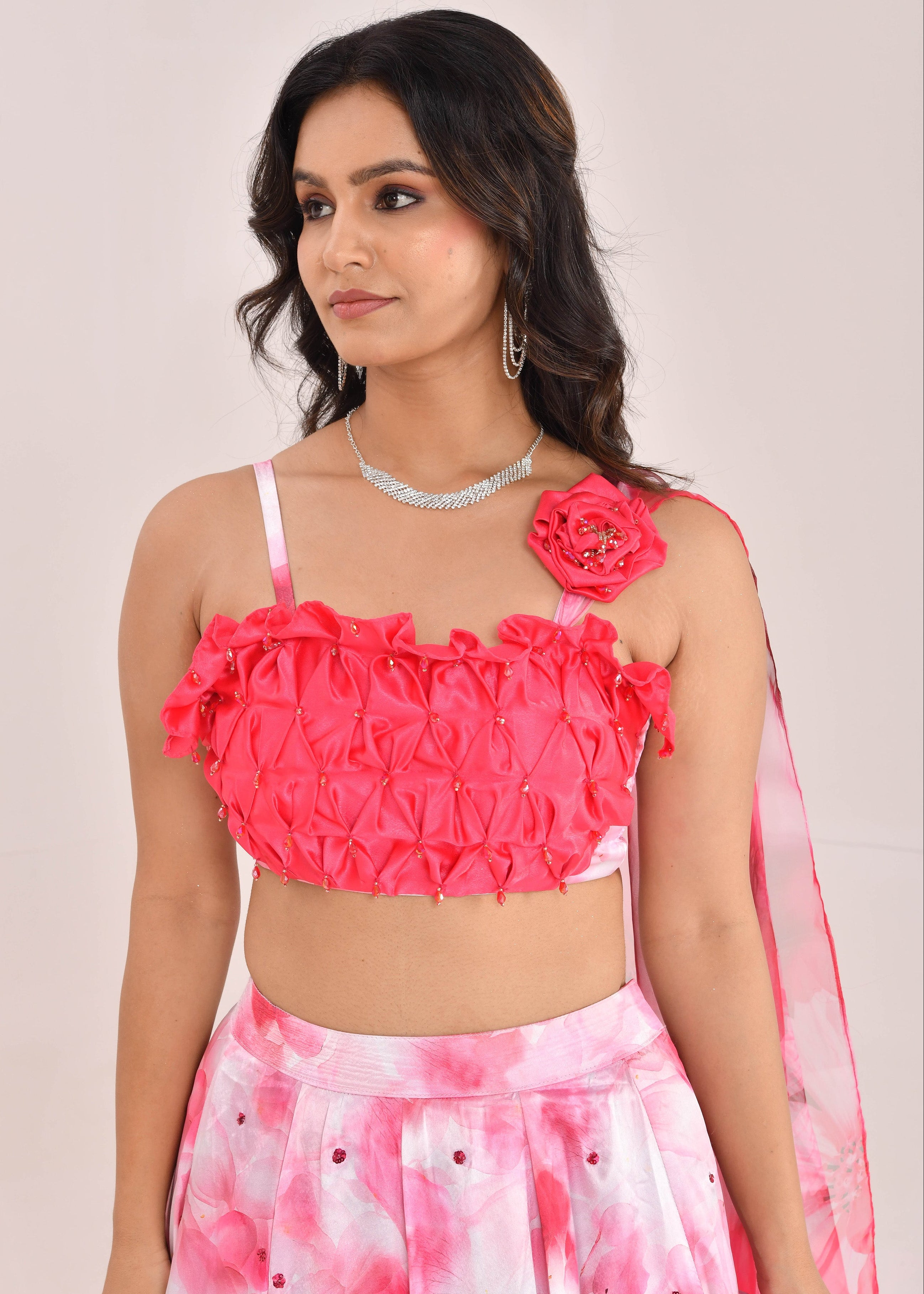 Pink Floral Hand-Embroidered Satin Silk Lehenga