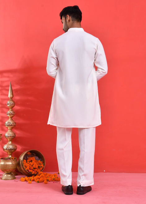 White Floral Hand-Embroidered Japanese Satin Kurta Set