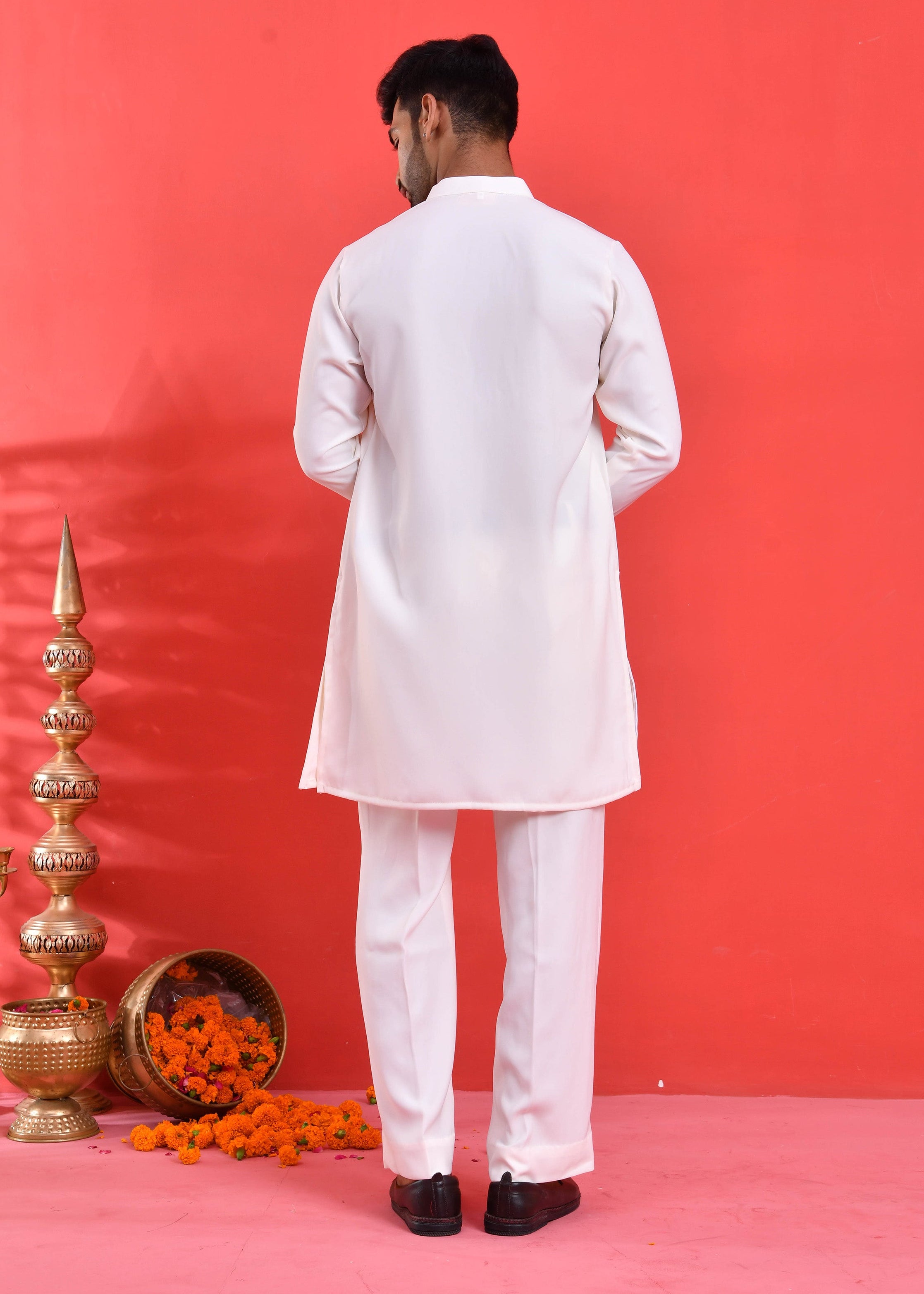 White Floral Hand-Embroidered Japanese Satin Kurta Set