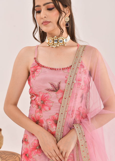 Dusty Pink Floral Printed Hand-Embroidered Georgette Sharara Suit