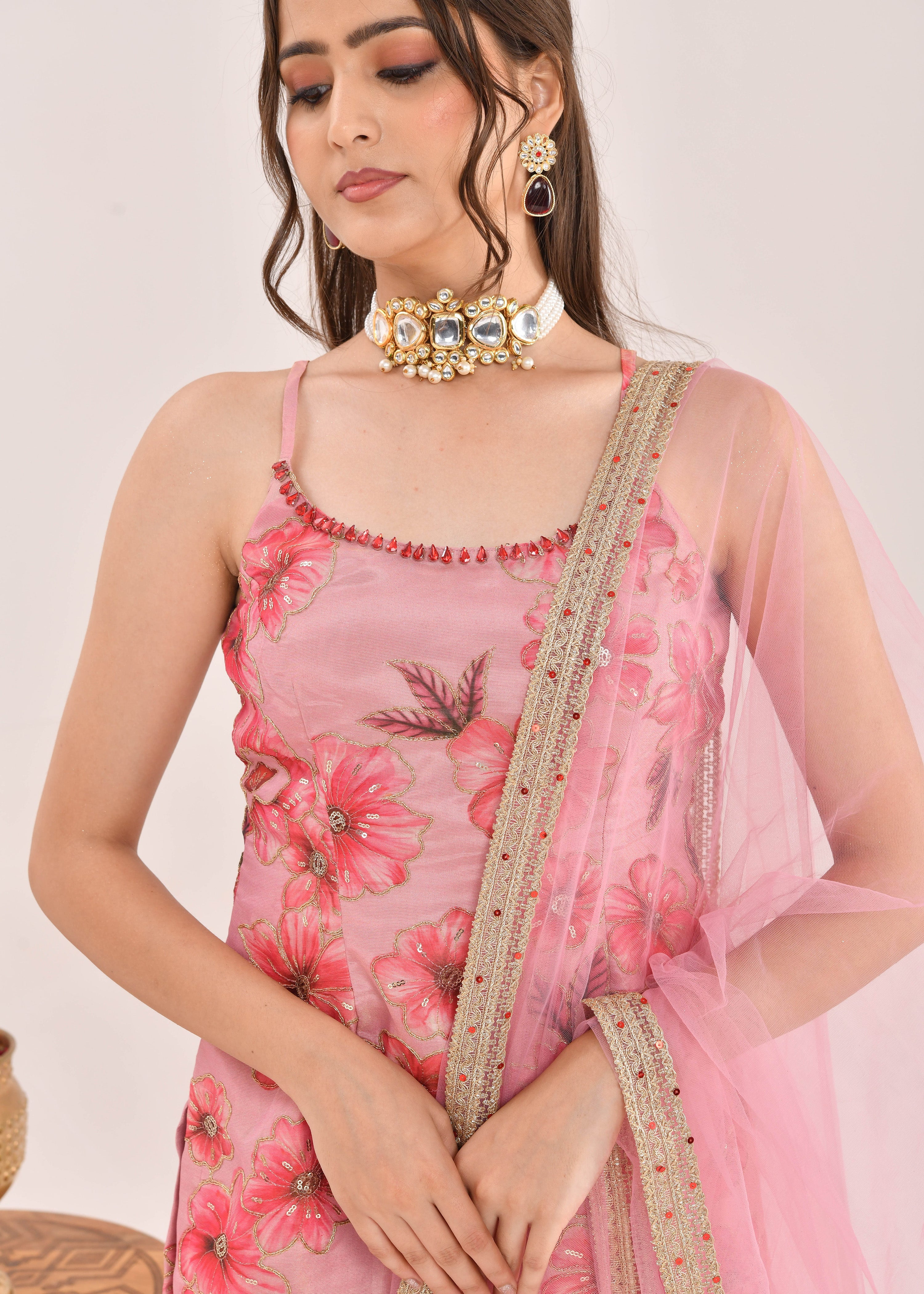 Dusty Pink Floral Printed Hand-Embroidered Georgette Sharara Suit