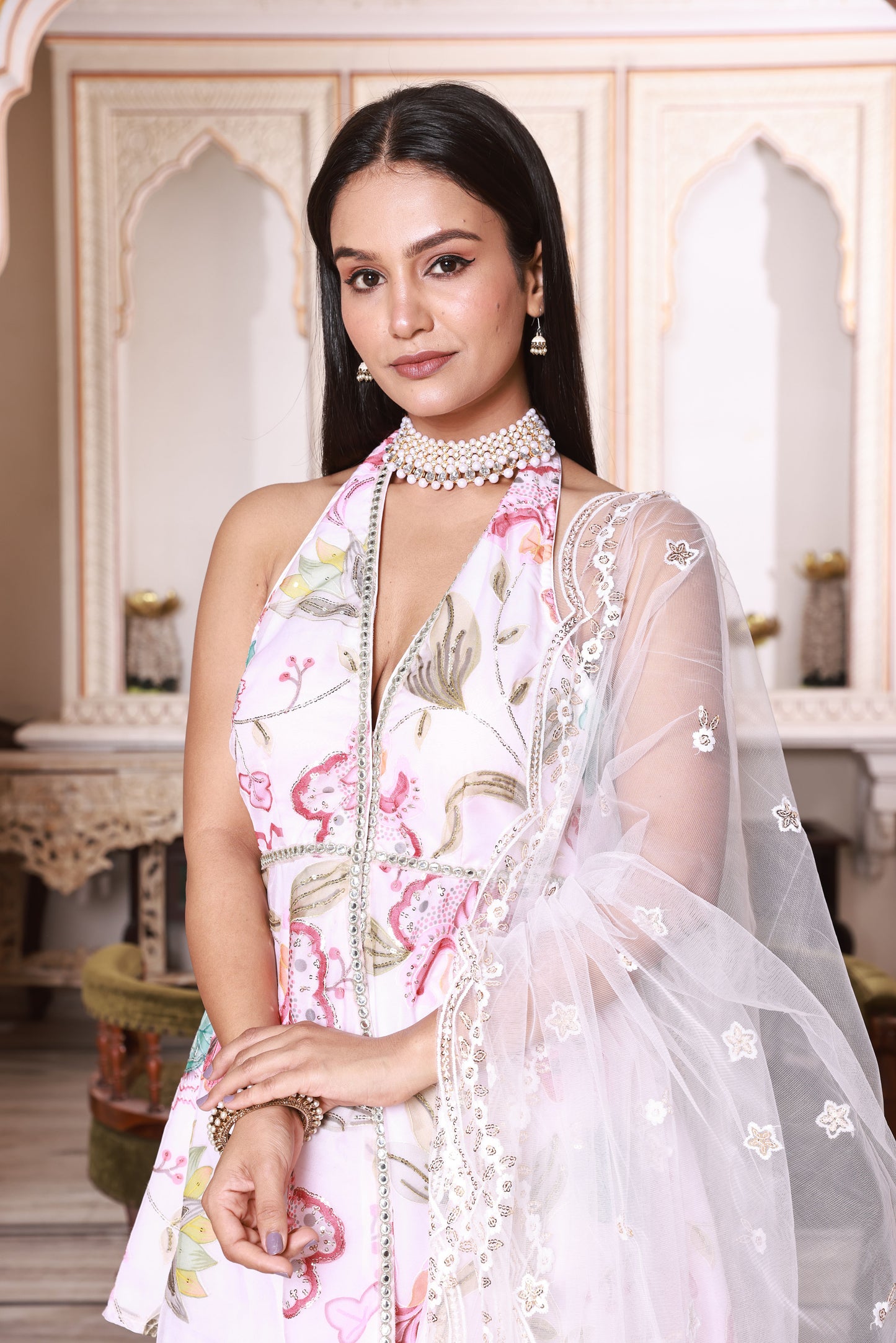 White Multicolor Floral Peplum-Style Embroidered Organza Pant Set