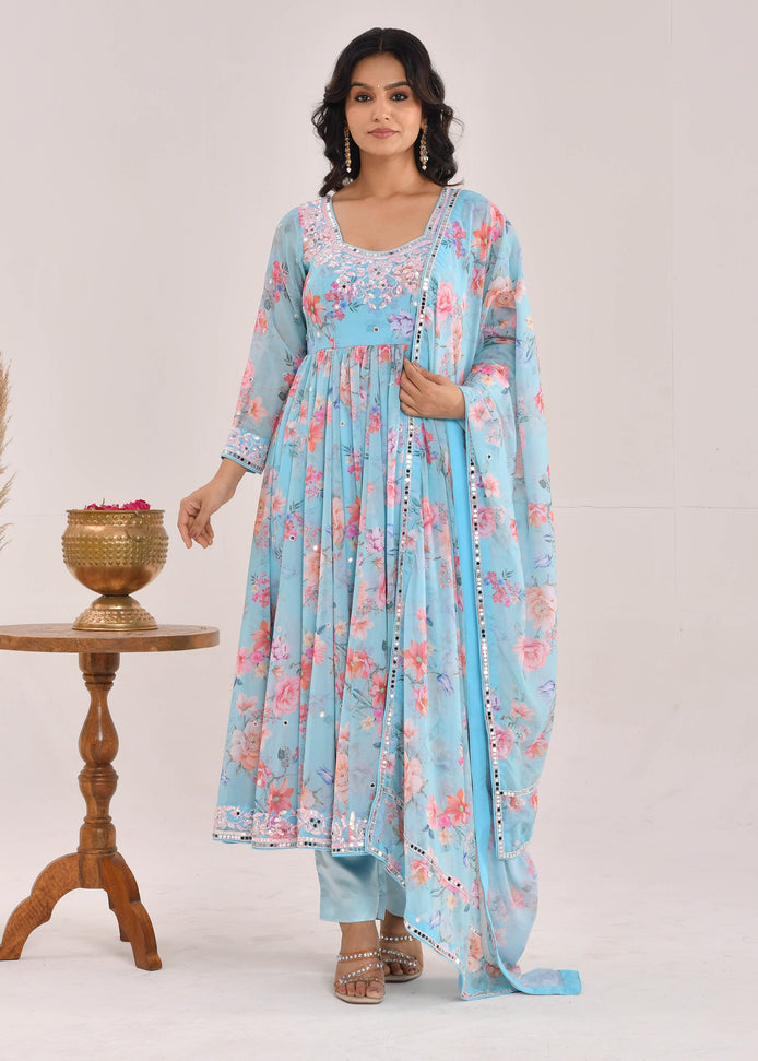 Sky Blue Floral Printed Hand-Embroidered Georgette Anarkali Suit