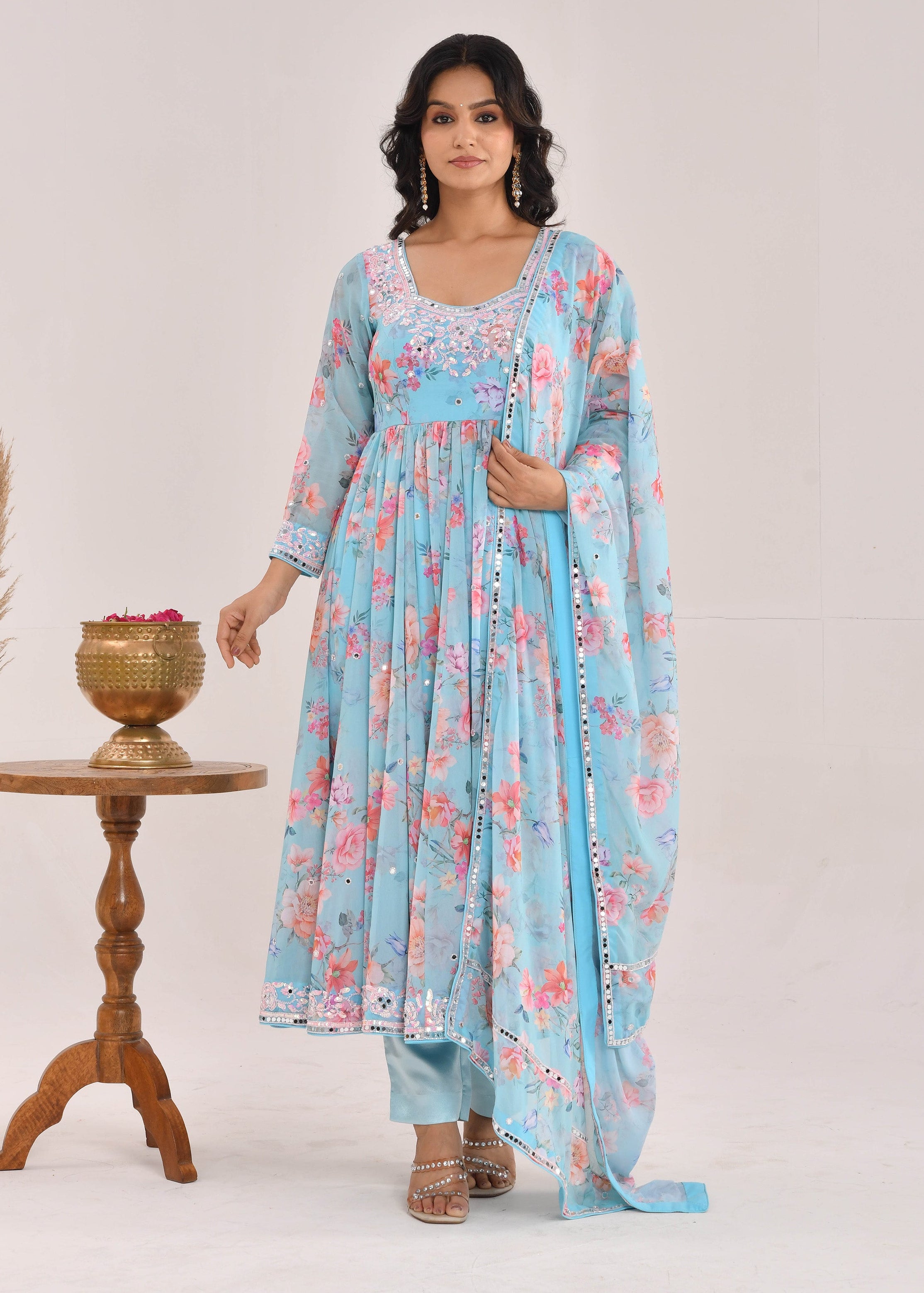 Sky Blue Floral Printed Hand-Embroidered Georgette Anarkali Suit
