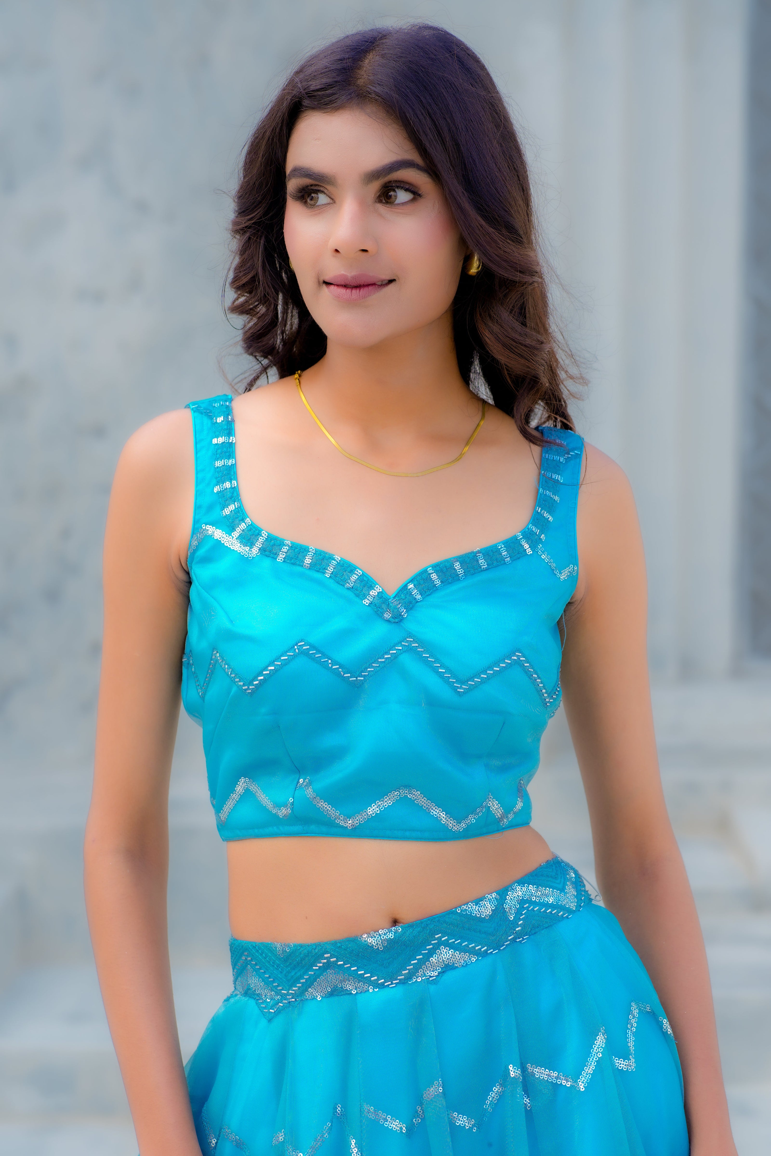 Sky Blue Embroidered Chiffon Lehenga