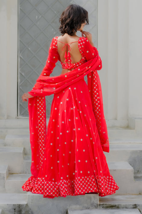 Scarlet Red Embroidered Georgette Lehenga