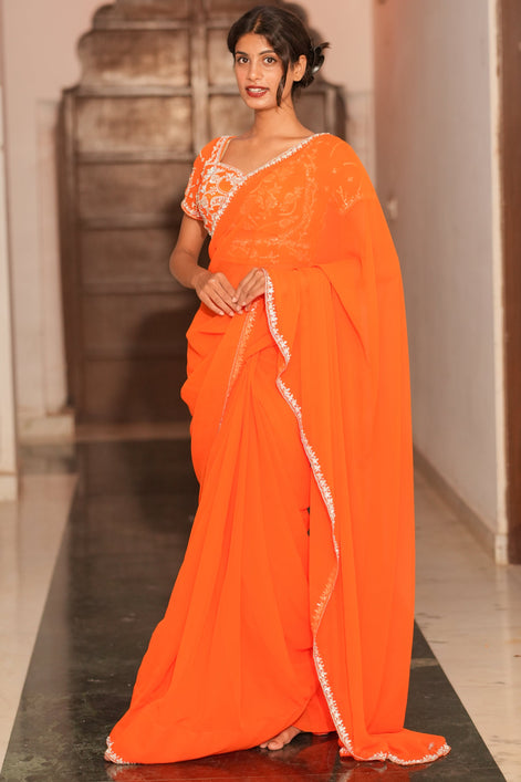 Orange Hand EmbroideryGeorgette Saree