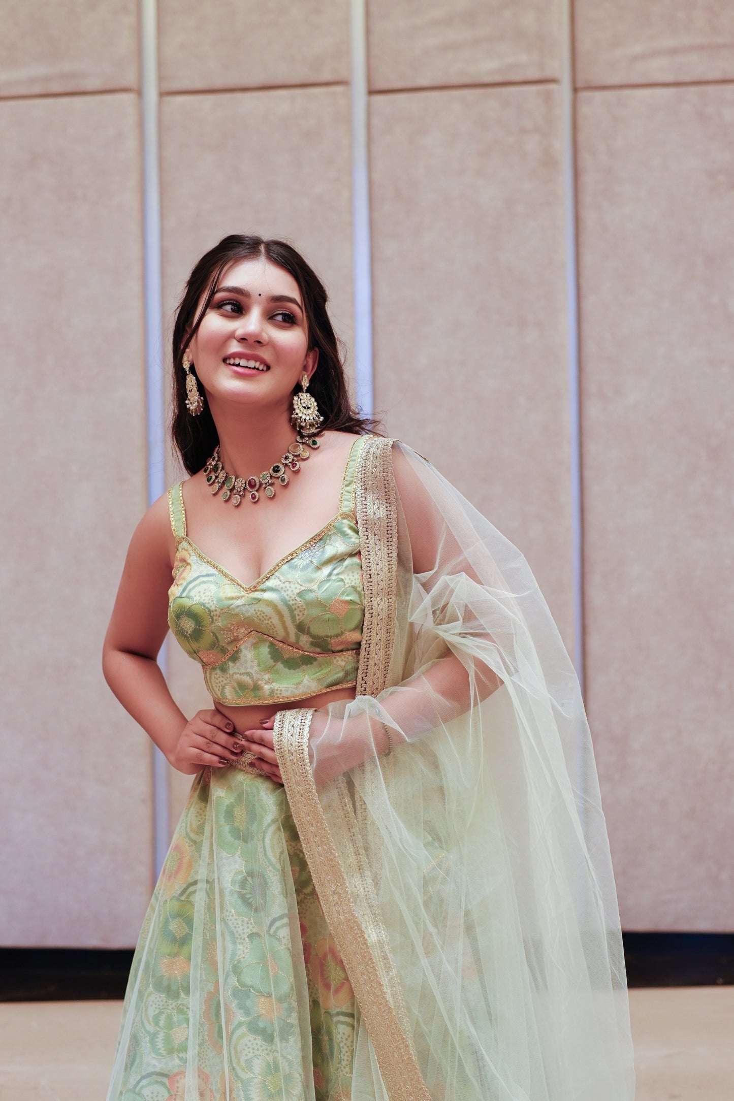 Mint Green Multicolor Floral Embroidered Net Lehenga