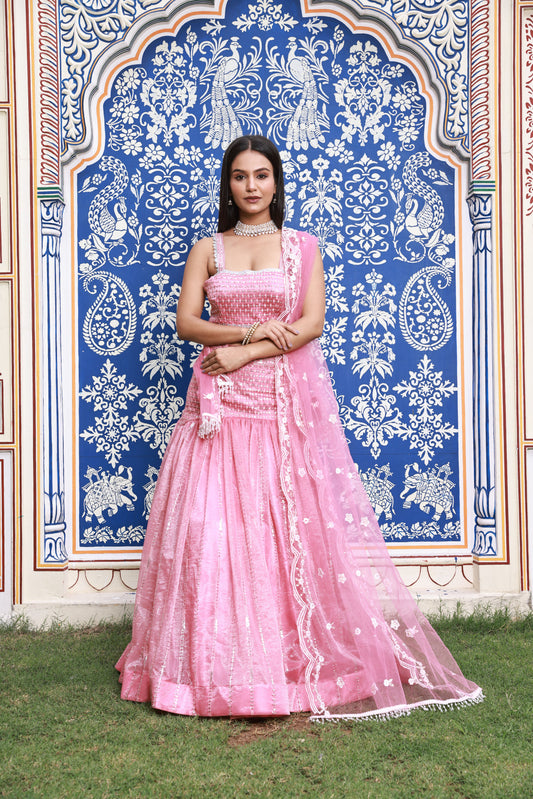 Pink Trumpet-Style Hand-Work Silk Lehenga