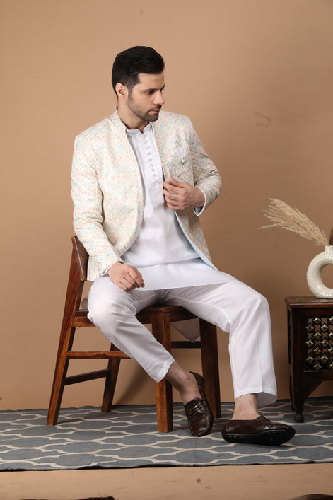 Cream Multicolor Silk Nehru Jacket Set