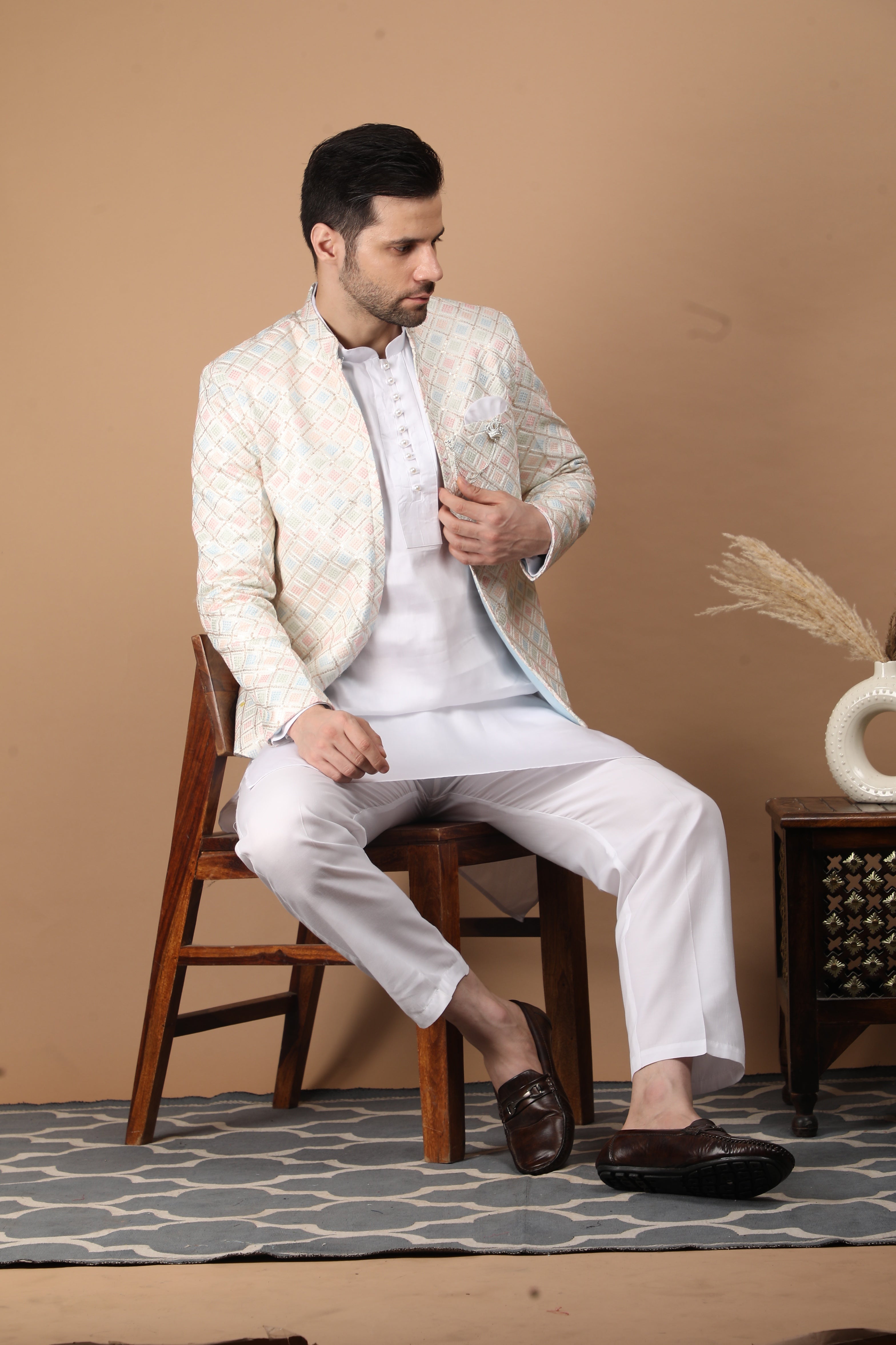 Cream Multicolor Silk Nehru Jacket Set
