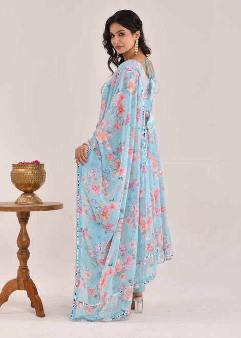 Sky Blue Floral Printed Hand-Embroidered Georgette Anarkali Suit