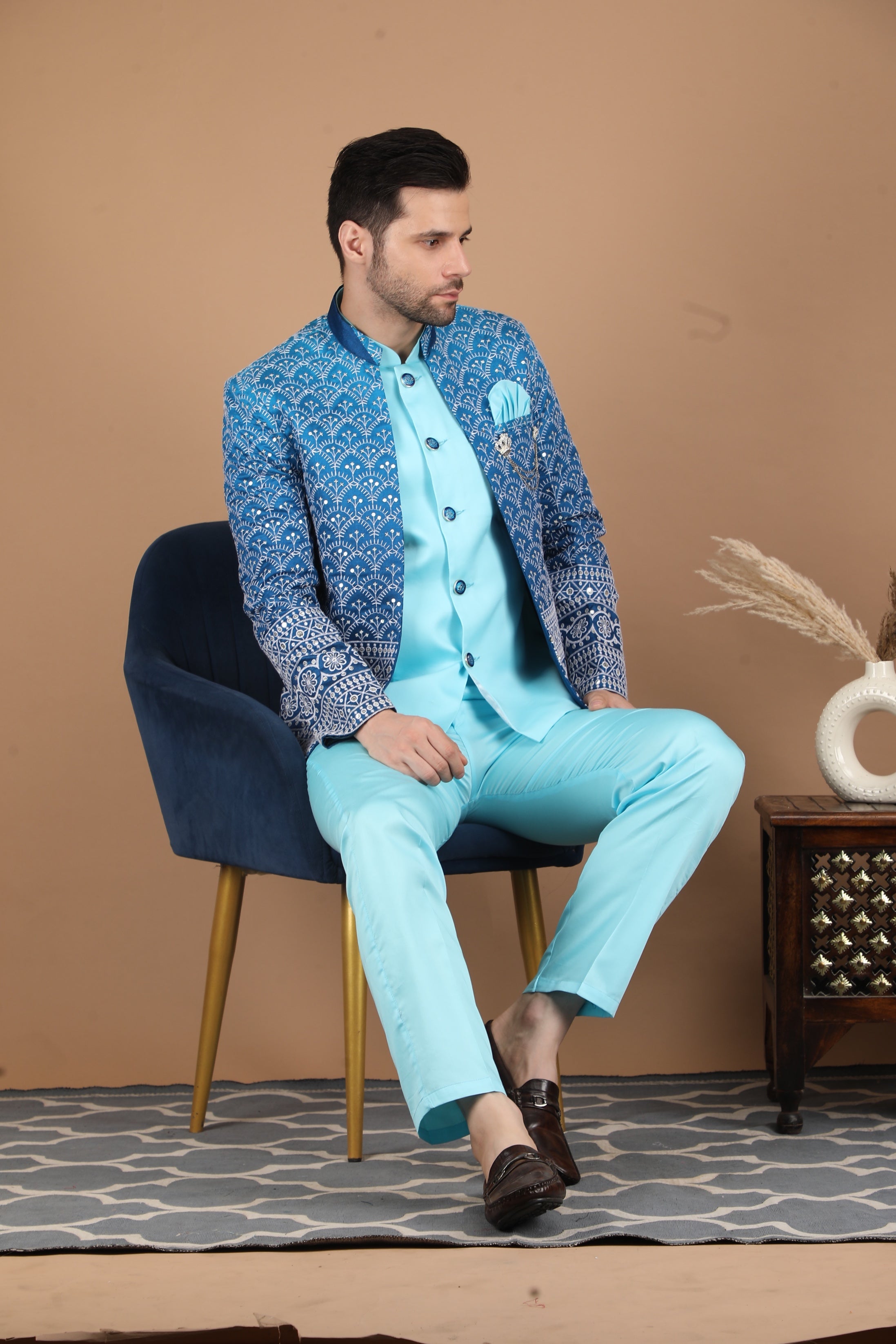 Blue and Aqua Blue Nehru Jacket Set
