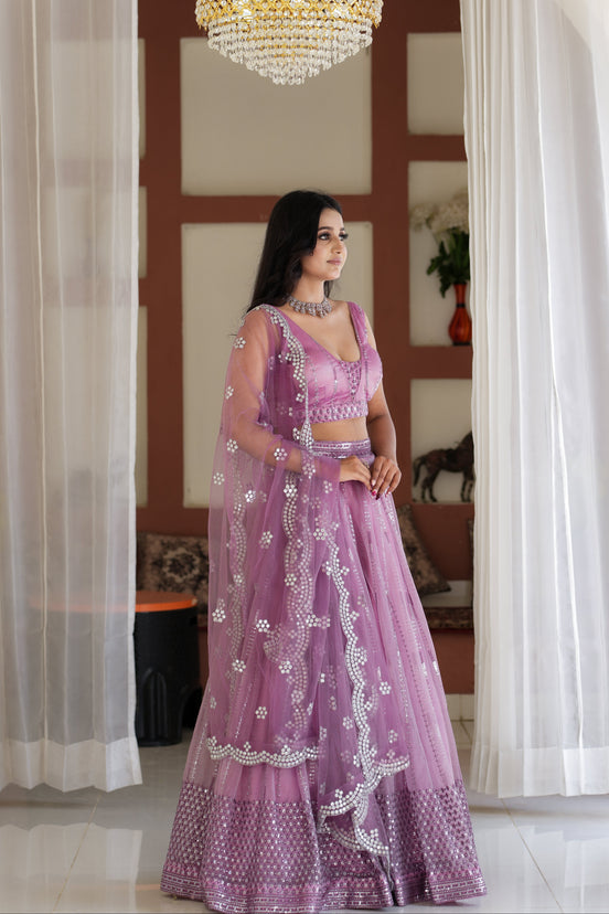 Dusty Lilac Embroidered Chiffon Lehenga