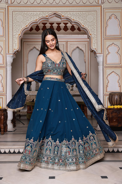 Navy Blue Embroidered Georgette Lehenga