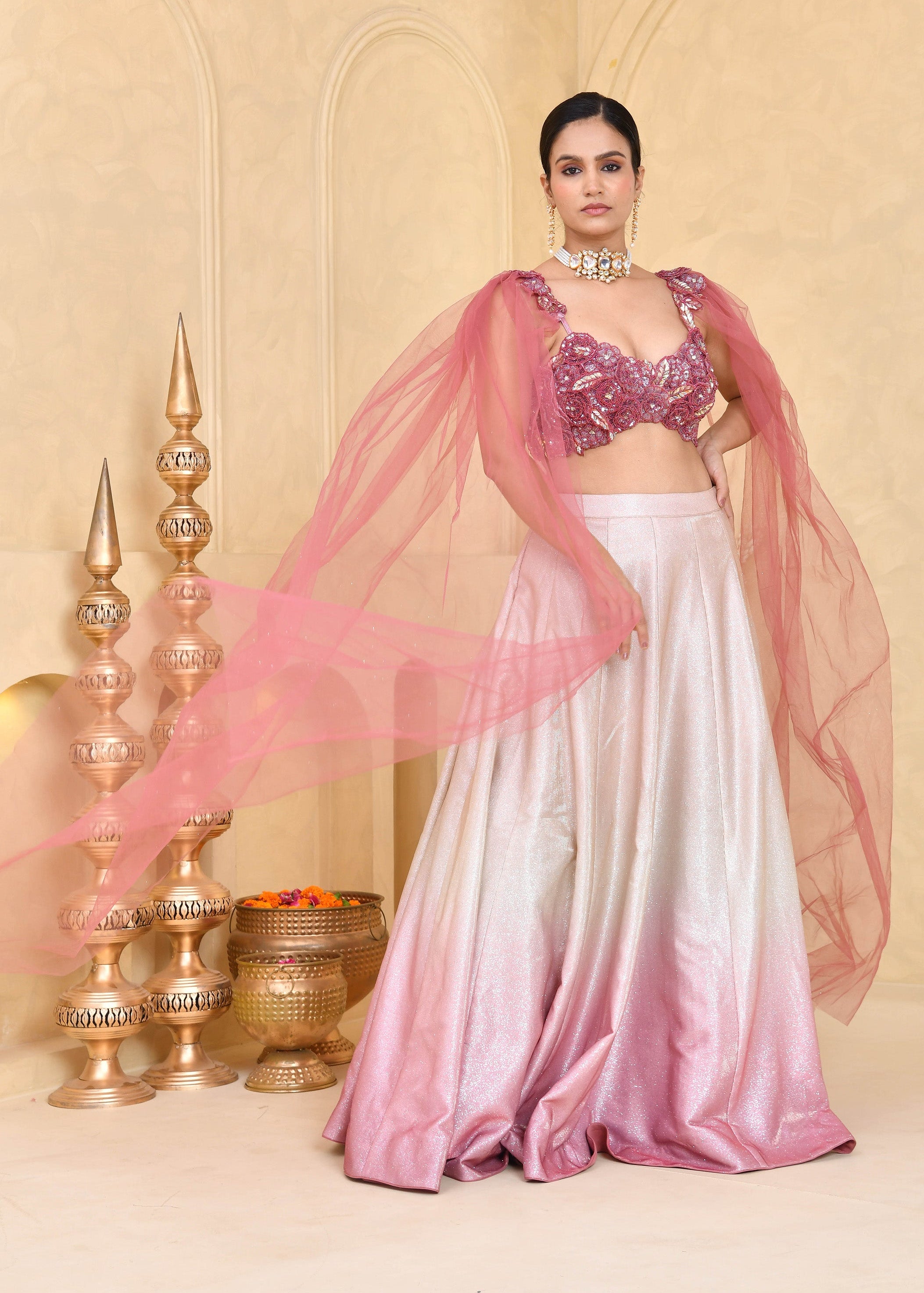 Tricolor Hand-Embroidered Shimmer Lycra Lehenga