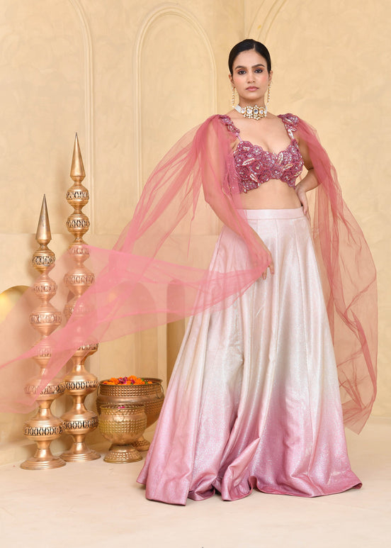 Tricolor Hand-Embroidered Shimmer Lycra Lehenga