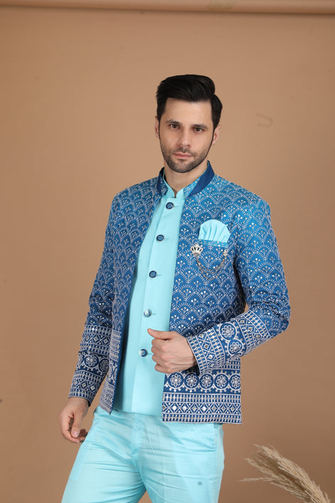Blue and Aqua Blue Silk Indo-Western Suit