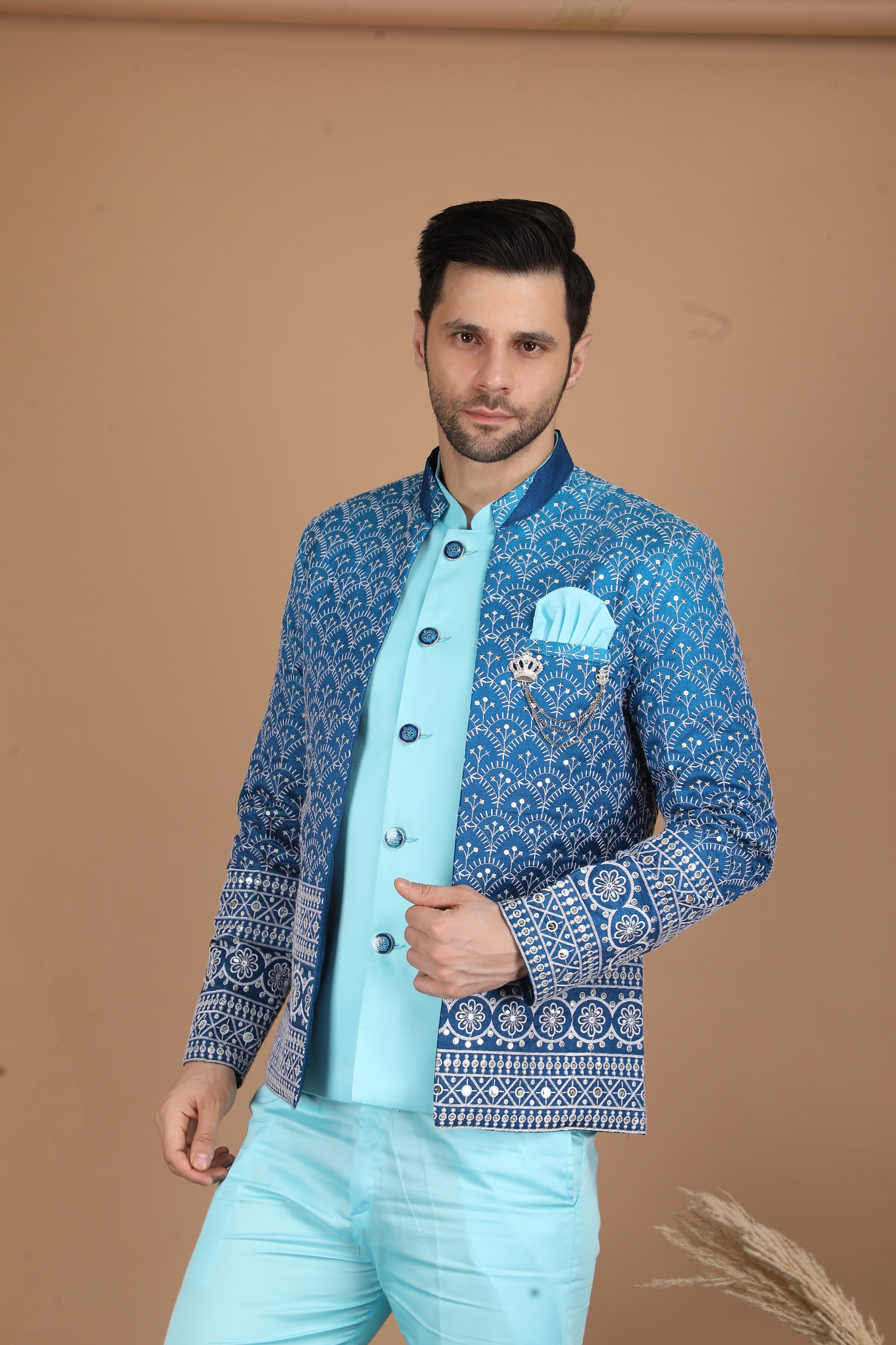 Blue and Aqua Blue Silk Indo-Western Suit
