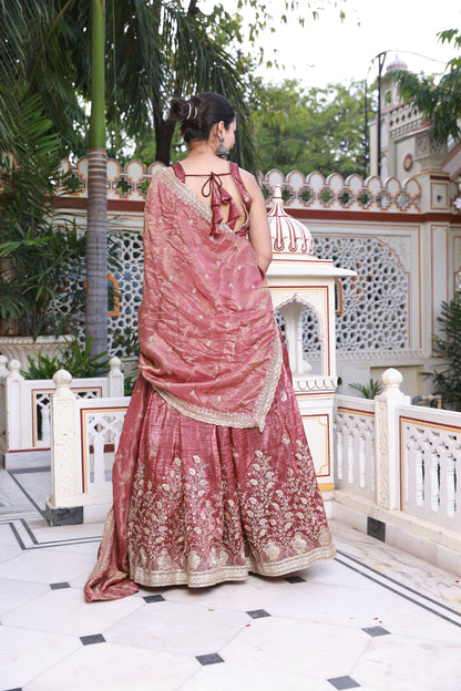 Wine Floral Embroidered Raw Silk Lehenga