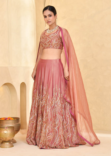 Rust Peach Hand-Embroidered Tissue Lehenga