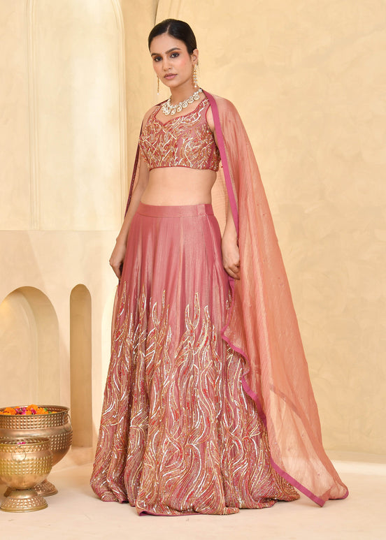 Rust Peach Hand-Embroidered Tissue Lehenga