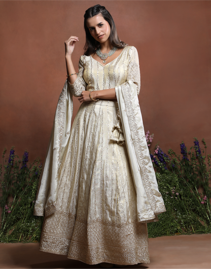 Off-White Embroidered Silk Lehenga