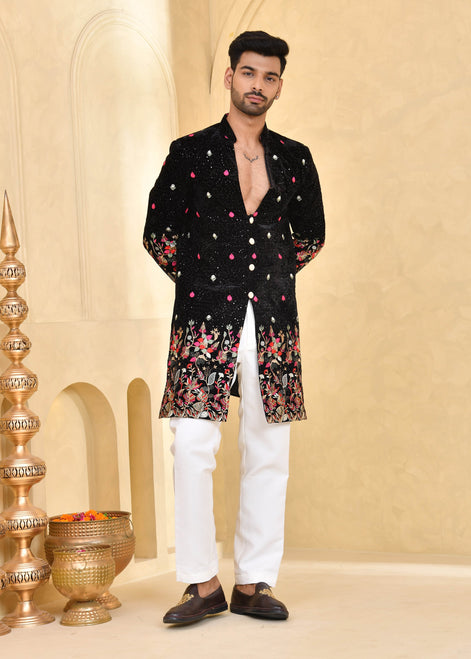 Black Embroidered Velvet Indo-Western Suit