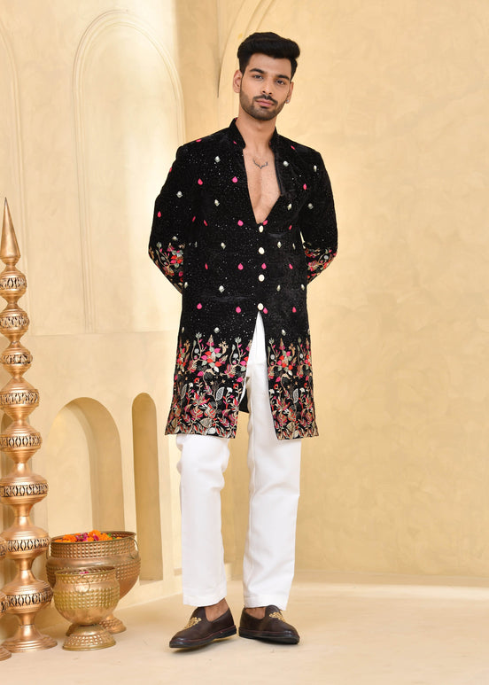 Black Embroidered Velvet Indo-Western Suit