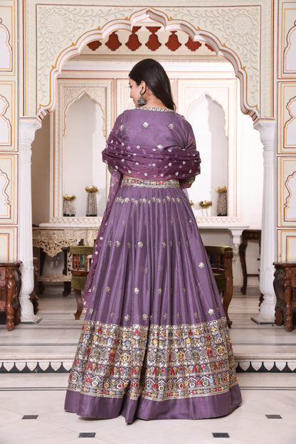 Plum Embroidered Silk Lehenga
