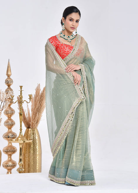 Sage Green Hand-Embroidered Tissue Saree