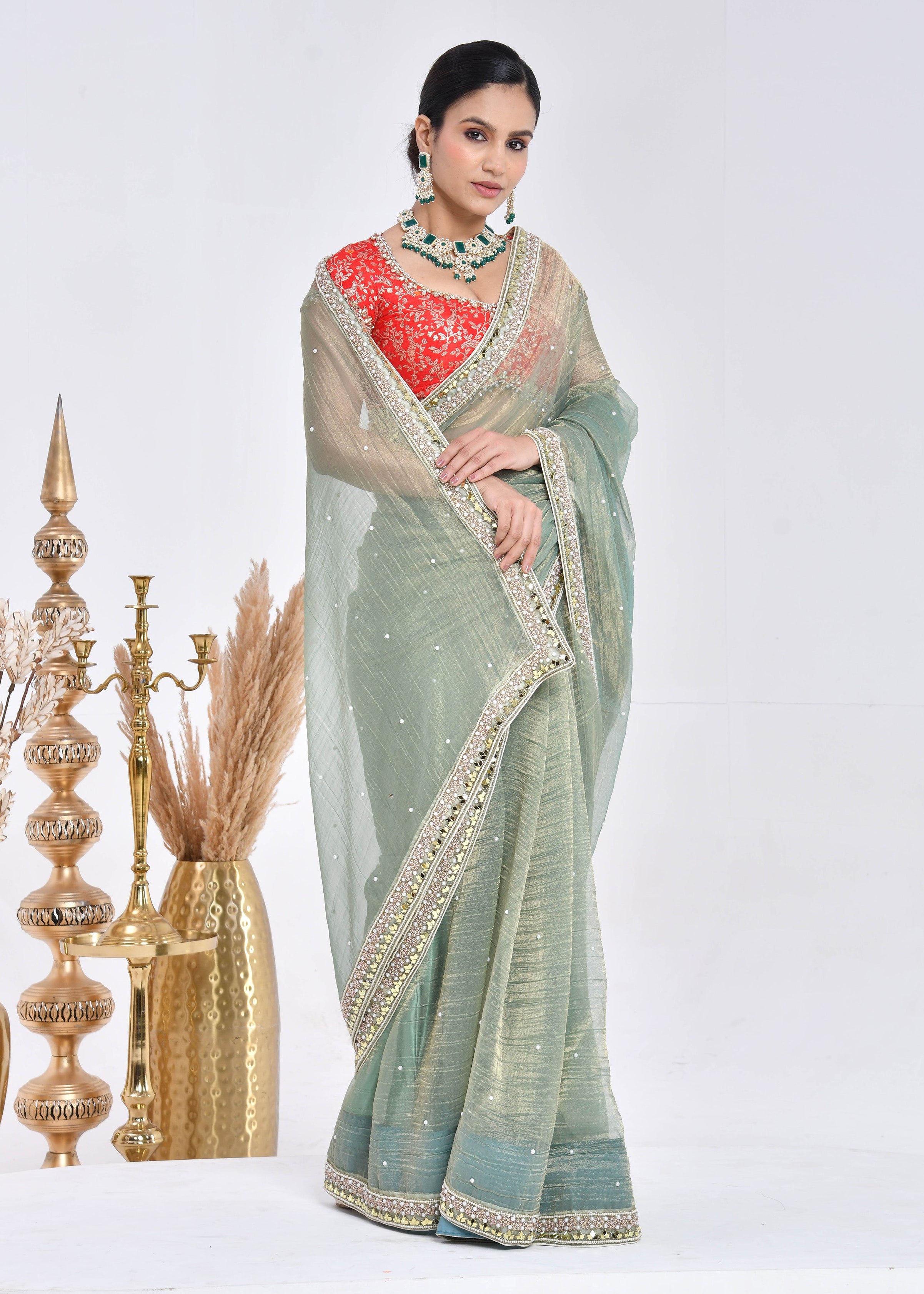 Sage Green Hand-Embroidered Tissue Saree