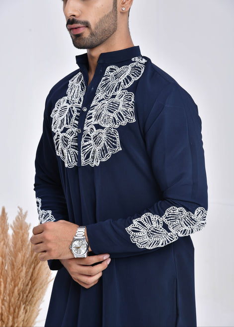 Navy Blue Hand-Embroidered Japanese Satin Kurta Set