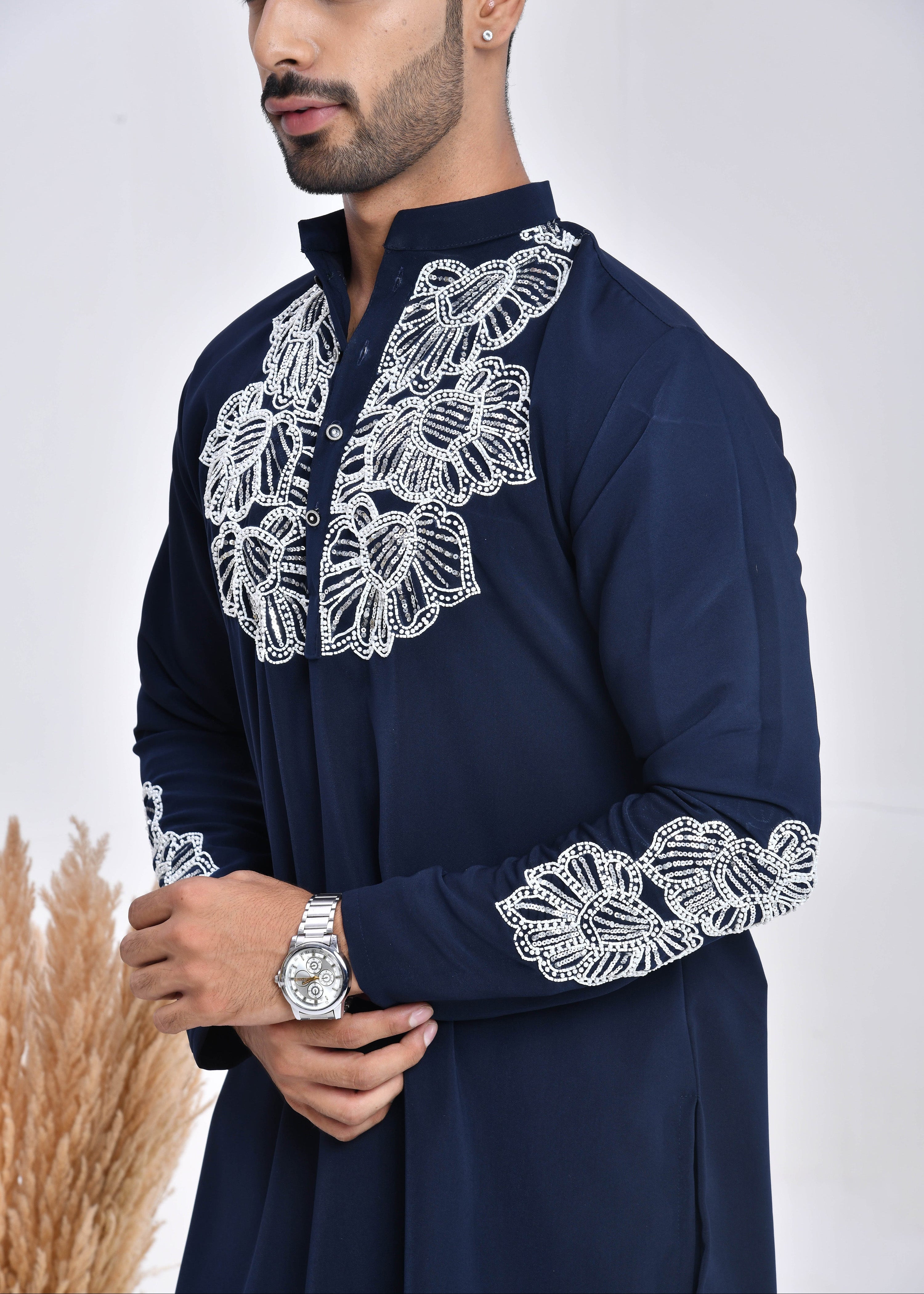 Navy Blue Hand-Embroidered Japanese Satin Kurta Set