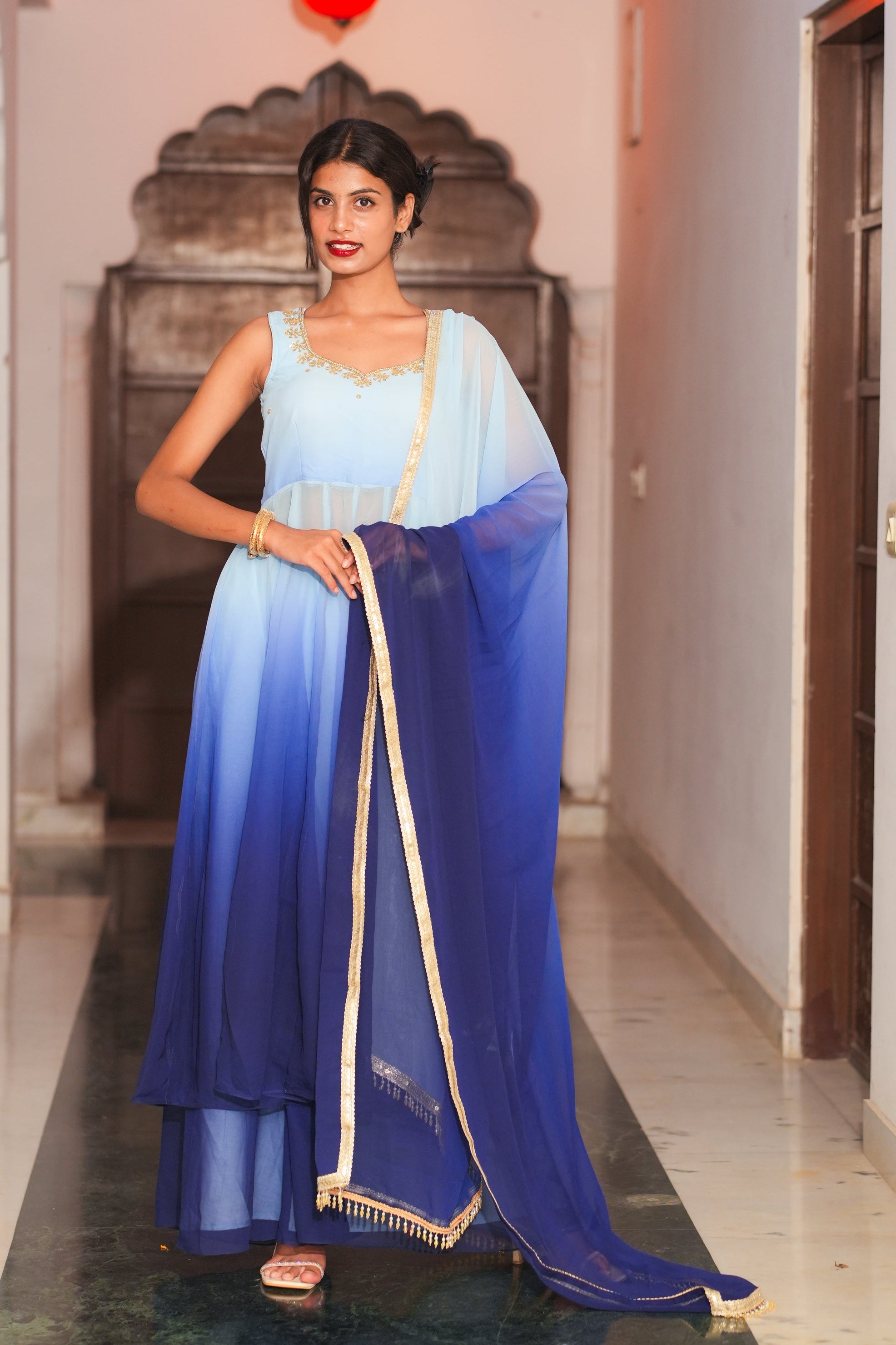 Blue Gradient Hand Embroidery Georgette Anarkali